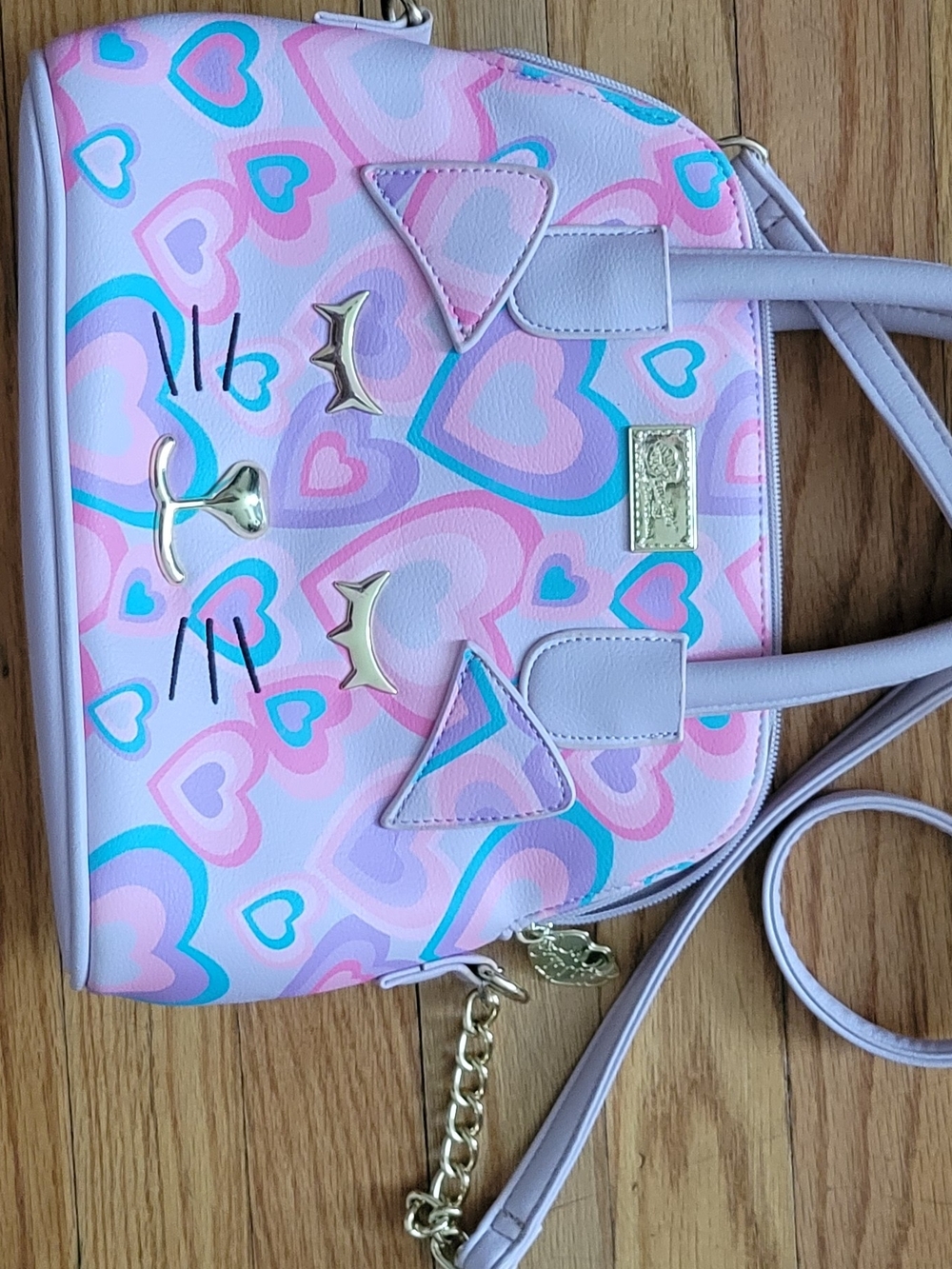 Betsey Johnson Pastel Pink & Blue Heart Cat Crossbody Bag
